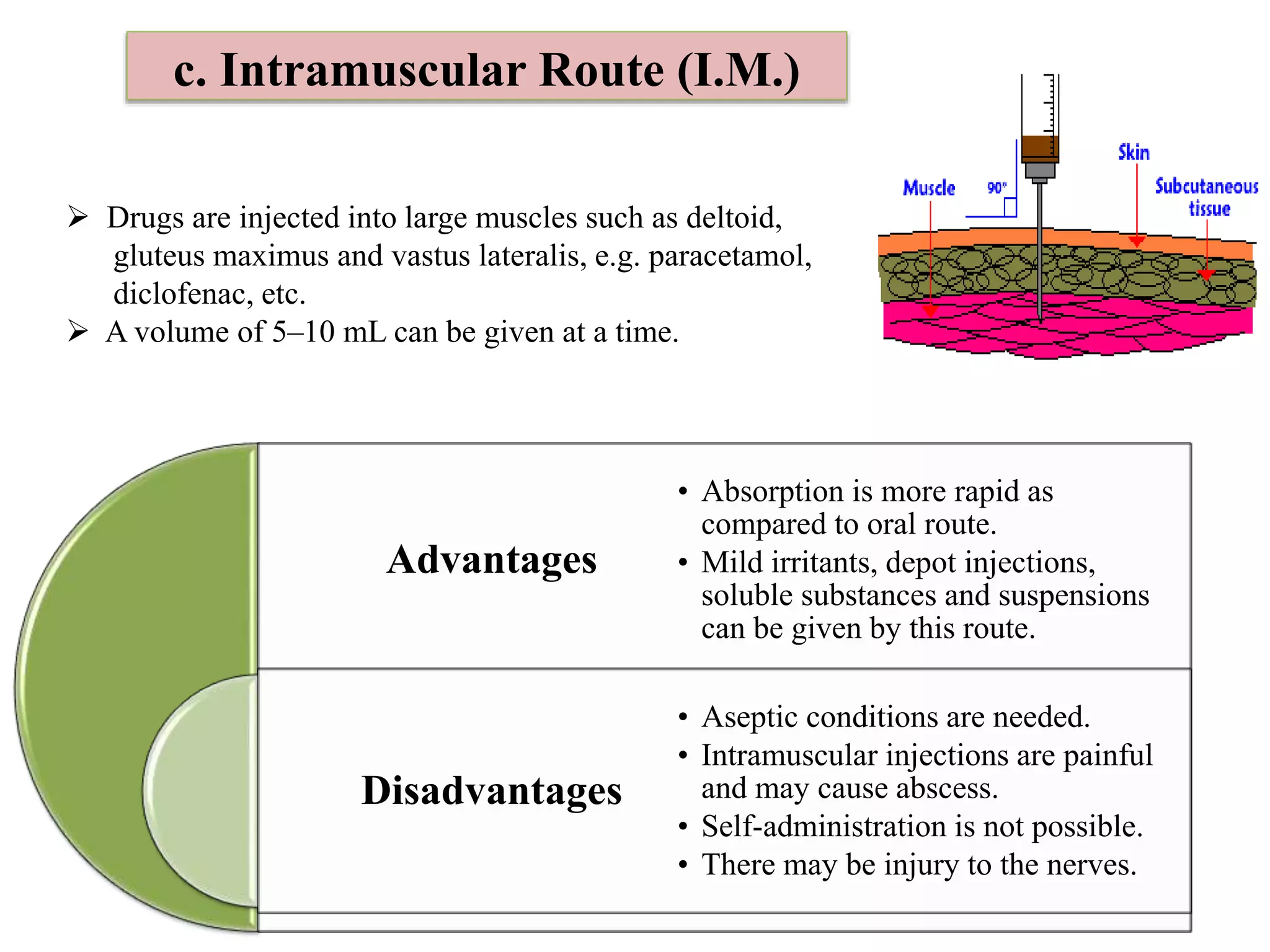 c. Intramuscular Route (I.M.)
 Drugs are injected into large muscles such as deltoid,
gluteus maximus and vastus lateralis, e.g. paracetamol,
diclofenac, etc.
 A volume of 5–10 mL can be given at a time.
Advantages
Disadvantages
• Absorption is more rapid as
compared to oral route.
• Mild irritants, depot injections,
soluble substances and suspensions
can be given by this route.
• Aseptic conditions are needed.
• Intramuscular injections are painful
and may cause abscess.
• Self-administration is not possible.
• There may be injury to the nerves.
 