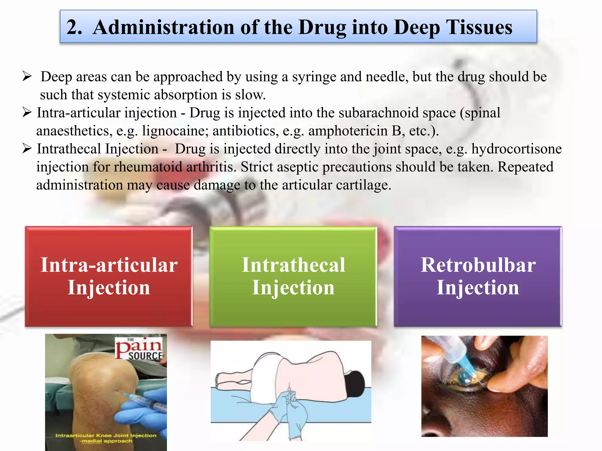 Intra-articular
Injection
Intrathecal
Injection
Retrobulbar
Injection
2. Administration of the Drug into Deep Tissues
 Deep areas can be approached by using a syringe and needle, but the drug should be
such that systemic absorption is slow.
 Intra-articular injection - Drug is injected into the subarachnoid space (spinal
anaesthetics, e.g. lignocaine; antibiotics, e.g. amphotericin B, etc.).
 Intrathecal Injection - Drug is injected directly into the joint space, e.g. hydrocortisone
injection for rheumatoid arthritis. Strict aseptic precautions should be taken. Repeated
administration may cause damage to the articular cartilage.
 