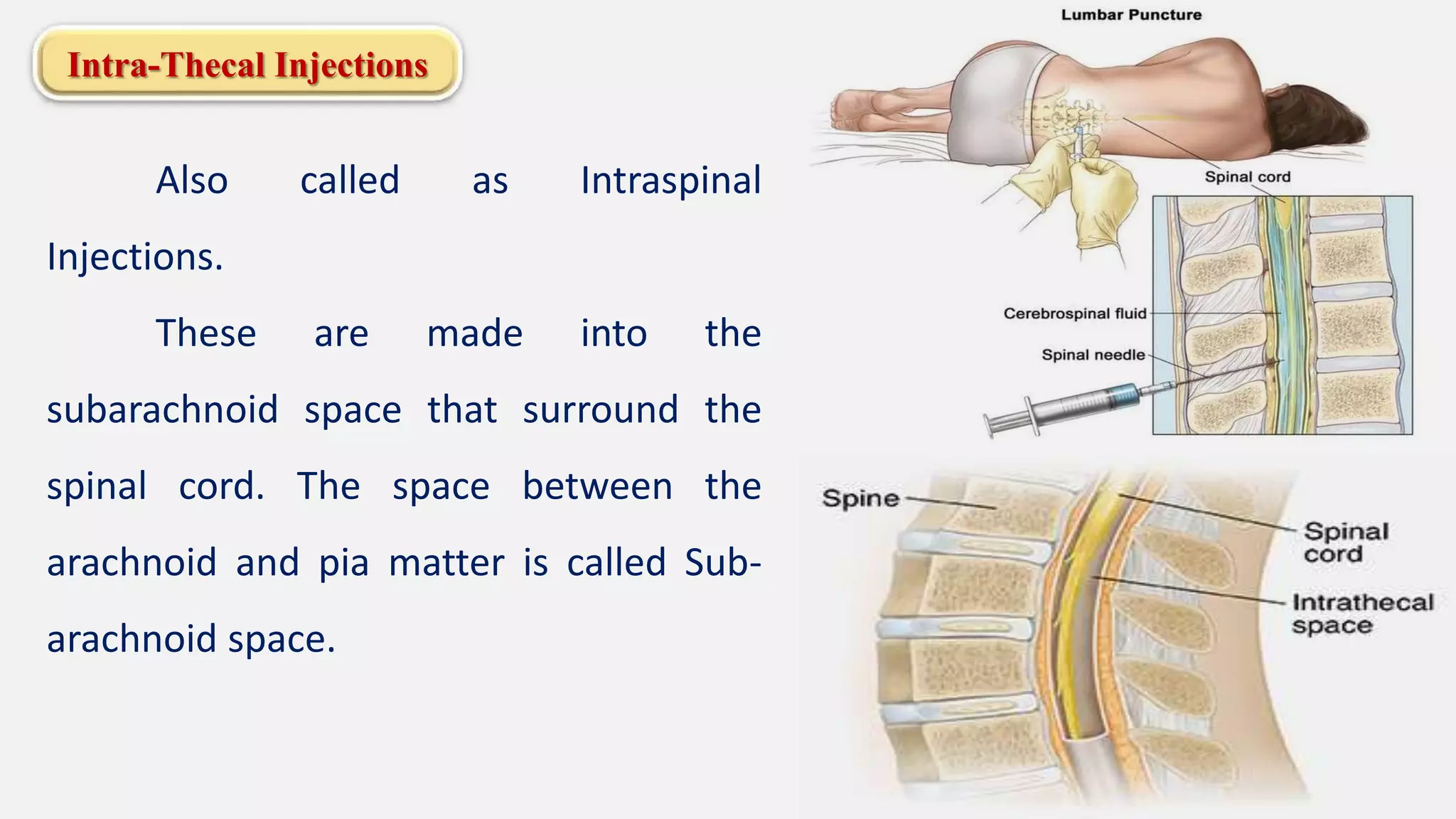 Intra-Thecal Injections
Also called as Intraspinal
Injections.
These are made into the
subarachnoid space that surround the
spinal cord. The space between the
arachnoid and pia matter is called Sub-
arachnoid space.
 