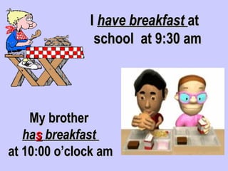 I have breakfast at
               school at 9:30 am




    My brother
   has breakfast
at 10:00 o’clock am
 
