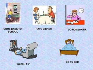 COME BACK TO         HAVE DINNER    DO HOMEWORK
  SCHOOL




                                   GO TO BED
        WATCH T.V.
 
