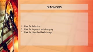 DIAGNOSIS
1. Risk for Infection
2. Risk for impaired skin integrity
3. Risk for disturbed body image
 