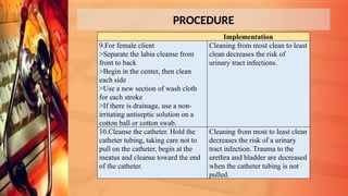 PROCEDURE
Implementation
9.For female client
>Separate the labia cleanse from
front to back
>Begin in the center, then clean
each side
>Use a new section of wash cloth
for each stroke
>If there is drainage, use a non-
irritating antiseptic solution on a
cotton ball or cotton swab.
Cleaning from most clean to least
clean decreases the risk of
urinary tract infections.
10.Cleanse the catheter. Hold the
catheter tubing, taking care not to
pull on the catheter, begin at the
meatus and cleanse toward the end
of the catheter.
Cleaning from most to least clean
decreases the risk of a urinary
tract infection. Trauma to the
urethra and bladder are decreased
when the catheter tubing is not
pulled.
 
