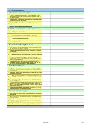 Part 2. Systems Assessment

     I - M&E Structure, Functions and Capabilities

       There are designated staff responsible for reviewing aggregated numbers
1      prior to submission to the next level (e.g., to districts, to regional offices, to
       the central M&E Unit).

       The responsibility for recording the delivery of services on source documents
2
       is clearly assigned to the relevant staff.

       All relevant staff have received training on the data management processes
3
       and tools.

     II- Indicator Definitions and Reporting Guidelines

The M&E Unit has provided written guidelines to each sub-reporting level on …


4       ,,, what they are supposed to report on.


5       … how (e.g., in what specific format) reports are to be submitted.


6       … to whom the reports should be submitted.


7       … when the reports are due.


     III - Data-collection and Reporting Forms and Tools

       Clear instructions have been provided by the M&E Unit on how to complete
8
       the data collection and reporting forms/tools.

       The M&E Unit has identified standard reporting forms/tools to be used by all
9
       reporting levels


10     ….The standard forms/tools are consistently used by the Service Delivery Site.

       All source documents and reporting forms relevant for measuring the
11     indicator(s) are available for auditing purposes (including dated print-outs in
       case of computerized system).

       The data collected on the source document has sufficient precision to
12     measure the indicator(s) (i.e., relevant data are collected by sex, age, etc. if
       the indicator specifies desegregation by these characteristics).

     IV- Data Management Processes

       If applicable, there are quality controls in place for when data from paper-
13     based forms are entered into a computer (e.g., double entry, post-data entry
       verification, etc).

       If applicable, there is a written back-up procedure for when data entry or data
14
       processing is computerized.

         ….if yes, the latest date of back-up is appropriate given the frequency of
15
         update of the computerized system (e.g., back-ups are weekly or monthly).

       Relevant personal data are maintained according to national or international
16
       confidentiality guidelines.

       The recording and reporting system avoids double counting people within and
       across Service Delivery Points (e.g., a person receiving the same service
17
       twice in a reporting period, a person registered as receiving the same service
       in two different locations, etc).

       The reporting system enables the identification and recording of a "drop out",
18
       a person "lost to follow-up" and a person who died.

     V - Links with National Reporting System

       When available, the relevant national forms/tools are used for data-collection
19
       and reporting.

       When applicable, data are reported through a single channel of the national
20
       information systems.

       The system records information about where the service is delivered (i.e.
21
       region, district, ward, etc.)


22       ….if yes, place names are recorded using standarized naming conventions.




                                                                                            Service Point 1   Page 5
 