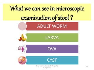 What we can see in microscopic
examination of stool ?
Stool examination by Dr. Priyanka
Buragohain
101
ADULT WORM
LARVA
OVA
CYST
 