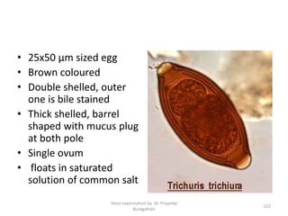 • 25x50 µm sized egg
• Brown coloured
• Double shelled, outer
one is bile stained
• Thick shelled, barrel
shaped with mucus plug
at both pole
• Single ovum
• floats in saturated
solution of common salt
Stool examination by Dr. Priyanka
Buragohain
122
 