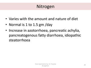 Nitrogen
• Varies with the amount and nature of diet
• Normal is 1 to 1.5 gm /day
• Increase in azotorrhoea, pancreatic achylia,
pancreatogenous fatty diarrhoea, idiopathic
steatorrhoea
Stool examination by Dr. Priyanka
Buragohain
28
 