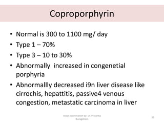 Coproporphyrin
• Normal is 300 to 1100 mg/ day
• Type 1 – 70%
• Type 3 – 10 to 30%
• Abnormally increased in congenetial
porphyria
• Abnormallly decreased i9n liver disease like
cirrochis, hepattitis, passive4 venous
congestion, metastatic carcinoma in liver
Stool examination by Dr. Priyanka
Buragohain
30
 