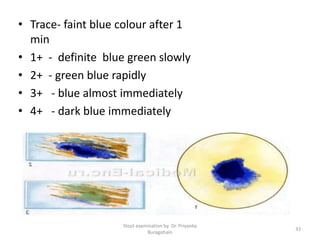 • Trace- faint blue colour after 1
min
• 1+ - definite blue green slowly
• 2+ - green blue rapidly
• 3+ - blue almost immediately
• 4+ - dark blue immediately
Stool examination by Dr. Priyanka
Buragohain
33
 