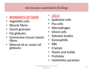 microscopic examination findings
• REMNANTS OF FOOD
• vegetable cells
• Muscle fibres
• Starch granules
• Fat globules
• Connective tissue/ elastic
fibres
• Mineral oil or castor oil
globules
• CELLS
• Epithelial cells
• Pus cells
• Macrophages
• Ghost cells
• Pyknotic bodies
• Eosinophills
• RBC
• Crystals
• Yeasts and molds
• Protozoa
• Helminthic parasites
Stool examination by Dr. Priyanka
Buragohain
62
 