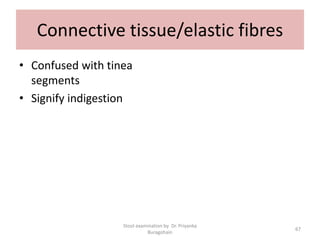 Connective tissue/elastic fibres
• Confused with tinea
segments
• Signify indigestion
Stool examination by Dr. Priyanka
Buragohain
67
 