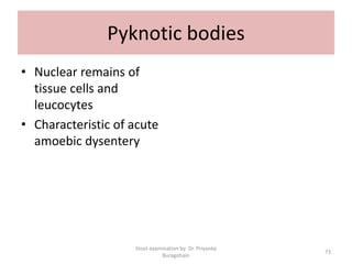 Pyknotic bodies
• Nuclear remains of
tissue cells and
leucocytes
• Characteristic of acute
amoebic dysentery
Stool examination by Dr. Priyanka
Buragohain
73
 