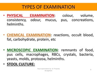 TYPES OF EXAMINATION
• PHYSICAL EXAMINATION: colour, volume,
consistency, odour, mucus, pus, concreations,
helminths.
• CHEMICAL EXAMINATION: reactions, occult blood,
fat, carbohydrate, protein, etc
• MICROSCOPIC EXAMINATION: remnants of food,
pus cells, macrophages, RBCs, crystals, bacteria,
yeasts, molds, protozoa, helminths.
• STOOL CULTURE:
Stool examination by Dr. Priyanka
Buragohain
8
 
