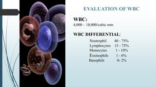 WBC:
4,000 – 10,000/cubic mm
WBC DIFFERENTIAL:
Neutrophil 40 - 75%
Lymphocytes 15 - 75%
Monocytes 1 - 10%
Eosinophils 1 - 6%
Basophils 0- 2%
EVALUATION OF WBC
 