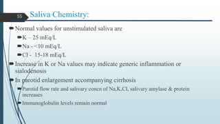 Saliva Chemistry:
Normal values for unstimulated saliva are
K – 25 mEq/L
Na - <10 mEq/L
Cl - 15-18 mEq/L
Increase in K or Na values may indicate generic inflammation or
sialodenosis
In parotid enlargement accompanying cirrhosis
Parotid flow rate and salivary concn of Na,K,Cl, salivary amylase & protein
increases
Immunoglobulin levels remain normal
55
 