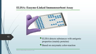 ELISA: Enzyme-Linked Immunosorbent Assay
61
ELISA detects substances with antigenic
properties (mainly proteins)
Based on enzymatic color-reaction
Slides by Mathias Bader and Simon Loew
 