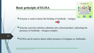 Basic principle of ELISA
62
Enzyme is used to detect the binding of Antibody - Antigen
Enzyme converts colorless substrate into colored product, indicating the
presence of Antibody - Antigen complex
ELISA can be used to detect either presence of Antigens or Antibodies
Slides by Mathias Bader and Simon Loew
 