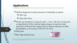 Applications
63
Medical diagnostic to detect presence of antibodies in patient
HIV Test
But: high material costs
Drug tests
West Nile Virus
Slides by Mathias Bader and Simon Loew
ELISA test identifies P. gingivalis and C. rectus . By test. P. gingivalis,
as identified by ELISA, had the highest degree of sensitivity and
specificity (0.90 and 0.82 respectively) to clinical indicators of adult
periodontitis. [J Periodontol 1994;65:576–582].
 