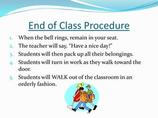 End of Class Procedure
1. When the bell rings, remain in your seat.
2. The teacher will say, “Have a nice day!”
3. Students will then pack up all their belongings.
4. Students will turn in work as they walk toward the
door.
5. Students will WALK out of the classroom in an
orderly fashion.
 