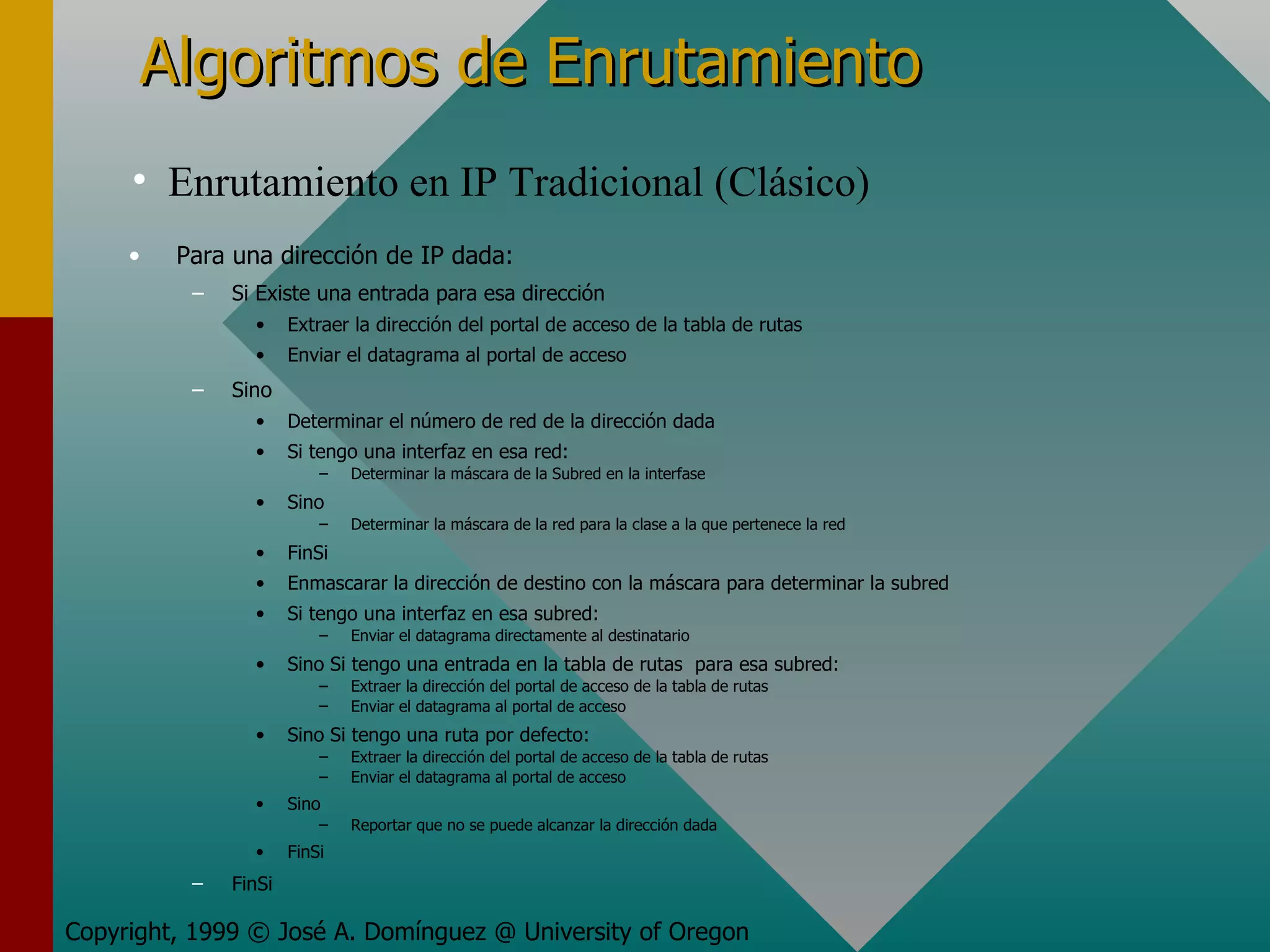 Algoritmos de Enrutamiento Para una dirección de IP dada: Si Existe una entrada para esa dirección Extraer la dirección del portal de acceso de la tabla de rutas Enviar el datagrama al portal de acceso Sino Determinar el número de red de la dirección dada Si tengo una interfaz en esa red: Determinar la máscara de la Subred en la interfase Sino Determinar la máscara de la red para la clase a la que pertenece la red FinSi Enmascarar la dirección de destino con la máscara para determinar la subred Si tengo una interfaz en esa subred: Enviar el datagrama directamente al destinatario Sino Si tengo una entrada en la tabla de rutas  para esa subred: Extraer la dirección del portal de acceso de la tabla de rutas Enviar el datagrama al portal de acceso Sino Si tengo una ruta por defecto: Extraer la dirección del portal de acceso de la tabla de rutas Enviar el datagrama al portal de acceso Sino Reportar que no se puede alcanzar la dirección dada FinSi FinSi Copyright, 1999 © José A. Domínguez @ University of Oregon Enrutamiento en IP Tradicional (Clásico) 