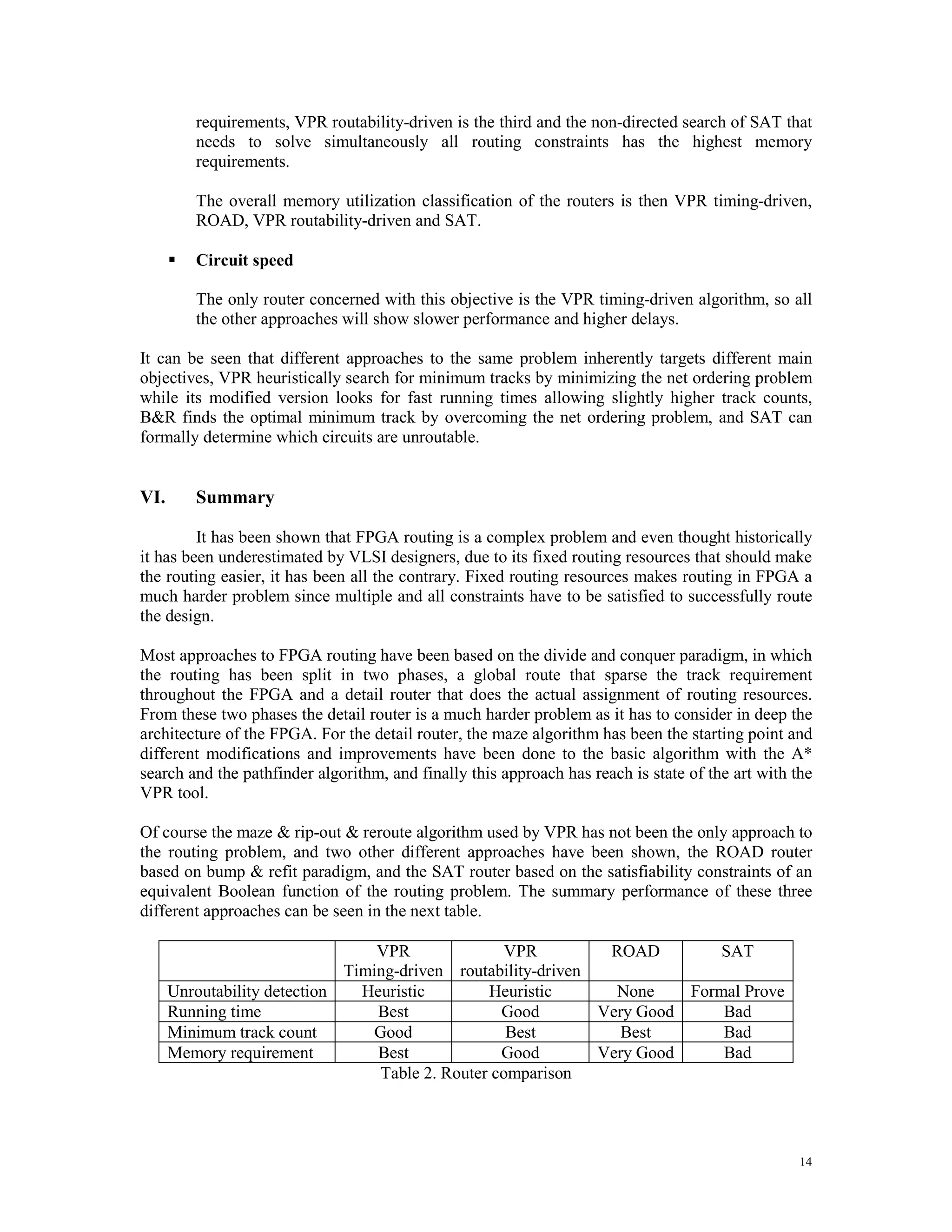 requirements, VPR routability-driven is the third and the non-directed search of SAT that needs to solve simultaneously all routing constraints has the highest memory requirements. The overall memory utilization classification of the routers is then VPR timing-driven, ROAD, VPR routability-driven and SAT.  Circuit speed The only router concerned with this objective is the VPR timing-driven algorithm, so all the other approaches will show slower performance and higher delays. It can be seen that different approaches to the same problem inherently targets different main objectives, VPR heuristically search for minimum tracks by minimizing the net ordering problem while its modified version looks for fast running times allowing slightly higher track counts, B&R finds the optimal minimum track by overcoming the net ordering problem, and SAT can formally determine which circuits are unroutable. VI. Summary It has been shown that FPGA routing is a complex problem and even thought historically it has been underestimated by VLSI designers, due to its fixed routing resources that should make the routing easier, it has been all the contrary. Fixed routing resources makes routing in FPGA a much harder problem since multiple and all constraints have to be satisfied to successfully route the design. Most approaches to FPGA routing have been based on the divide and conquer paradigm, in which the routing has been split in two phases, a global route that sparse the track requirement throughout the FPGA and a detail router that does the actual assignment of routing resources. From these two phases the detail router is a much harder problem as it has to consider in deep the architecture of the FPGA. For the detail router, the maze algorithm has been the starting point and different modifications and improvements have been done to the basic algorithm with the A* search and the pathfinder algorithm, and finally this approach has reach is state of the art with the VPR tool. Of course the maze & rip-out & reroute algorithm used by VPR has not been the only approach to the routing problem, and two other different approaches have been shown, the ROAD router based on bump & refit paradigm, and the SAT router based on the satisfiability constraints of an equivalent Boolean function of the routing problem. The summary performance of these three different approaches can be seen in the next table. VPR VPR ROAD SAT Timing-driven routability-driven Unroutability detection Heuristic Heuristic None Formal Prove Running time Best Good Very Good Bad Minimum track count Good Best Best Bad Memory requirement Best Good Very Good Bad Table 2. Router comparison 14 