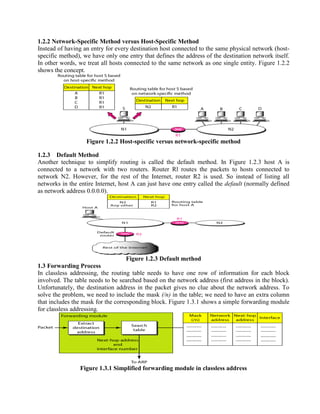 1.2.2 Network-Specific Method versus Host-Specific Method
Instead of having an entry for every destination host connected to the same physical network (host-
specific method), we have only one entry that defines the address of the destination network itself.
In other words, we treat all hosts connected to the same network as one single entity. Figure 1.2.2
shows the concept.
Figure 1.2.2 Host-specific versus network-specific method
1.2.3 Default Method
Another technique to simplify routing is called the default method. In Figure 1.2.3 host A is
connected to a network with two routers. Router Rl routes the packets to hosts connected to
network N2. However, for the rest of the Internet, router R2 is used. So instead of listing all
networks in the entire Internet, host A can just have one entry called the default (normally defined
as network address 0.0.0.0).
Figure 1.2.3 Default method
1.3 Forwarding Process
In classless addressing, the routing table needs to have one row of information for each block
involved. The table needs to be searched based on the network address (first address in the block).
Unfortunately, the destination address in the packet gives no clue about the network address. To
solve the problem, we need to include the mask (/n) in the table; we need to have an extra column
that includes the mask for the corresponding block. Figure 1.3.1 shows a simple forwarding module
for classless addressing.
Figure 1.3.1 Simplified forwarding module in classless address
 