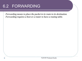 TCP/IP Protocol Suite
6.2 FORWARDING
Forwarding means to place the packet in its route to its destination.
Forwarding requires a host or a router to have a routing table.
 