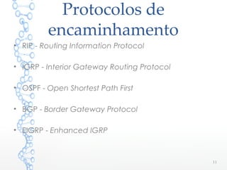 Protocolos de
encaminhamento
• RIP - Routing Information Protocol
• IGRP - Interior Gateway Routing Protocol
• OSPF - Open Shortest Path First
• BGP - Border Gateway Protocol
• EIGRP - Enhanced IGRP
11
 