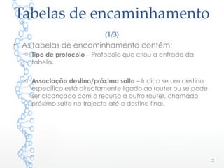 Tabelas de encaminhamento
(1/3)
• As tabelas de encaminhamento contêm:
o Tipo de protocolo – Protocolo que criou a entrada da
tabela.
o Associação destino/próximo salto – Indica se um destino
específico está directamente ligado ao router ou se pode
ser alcançado com o recurso a outro router, chamado
próximo salto no trajecto até o destino final.
12
 