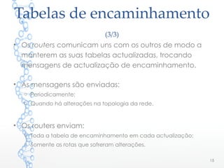 Tabelas de encaminhamento
(3/3)
15
• Os routers comunicam uns com os outros de modo a
manterem as suas tabelas actualizadas, trocando
mensagens de actualização de encaminhamento.
• As mensagens são enviadas:
o Periodicamente;
o Quando há alterações na topologia da rede.
• Os routers enviam:
o Toda a tabela de encaminhamento em cada actualização;
o Somente as rotas que sofreram alterações.
 