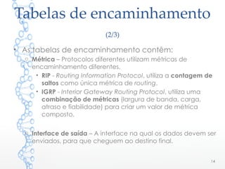 Tabelas de encaminhamento
(2/3)
• As tabelas de encaminhamento contêm:
o Métrica – Protocolos diferentes utilizam métricas de
encaminhamento diferentes.
• RIP - Routing Information Protocol, utiliza a contagem de
saltos como única métrica de routing.
• IGRP - Interior Gateway Routing Protocol, utiliza uma
combinação de métricas (largura de banda, carga,
atraso e fiabilidade) para criar um valor de métrica
composto.
o Interface de saída – A interface na qual os dados devem ser
enviados, para que cheguem ao destino final.
14
 