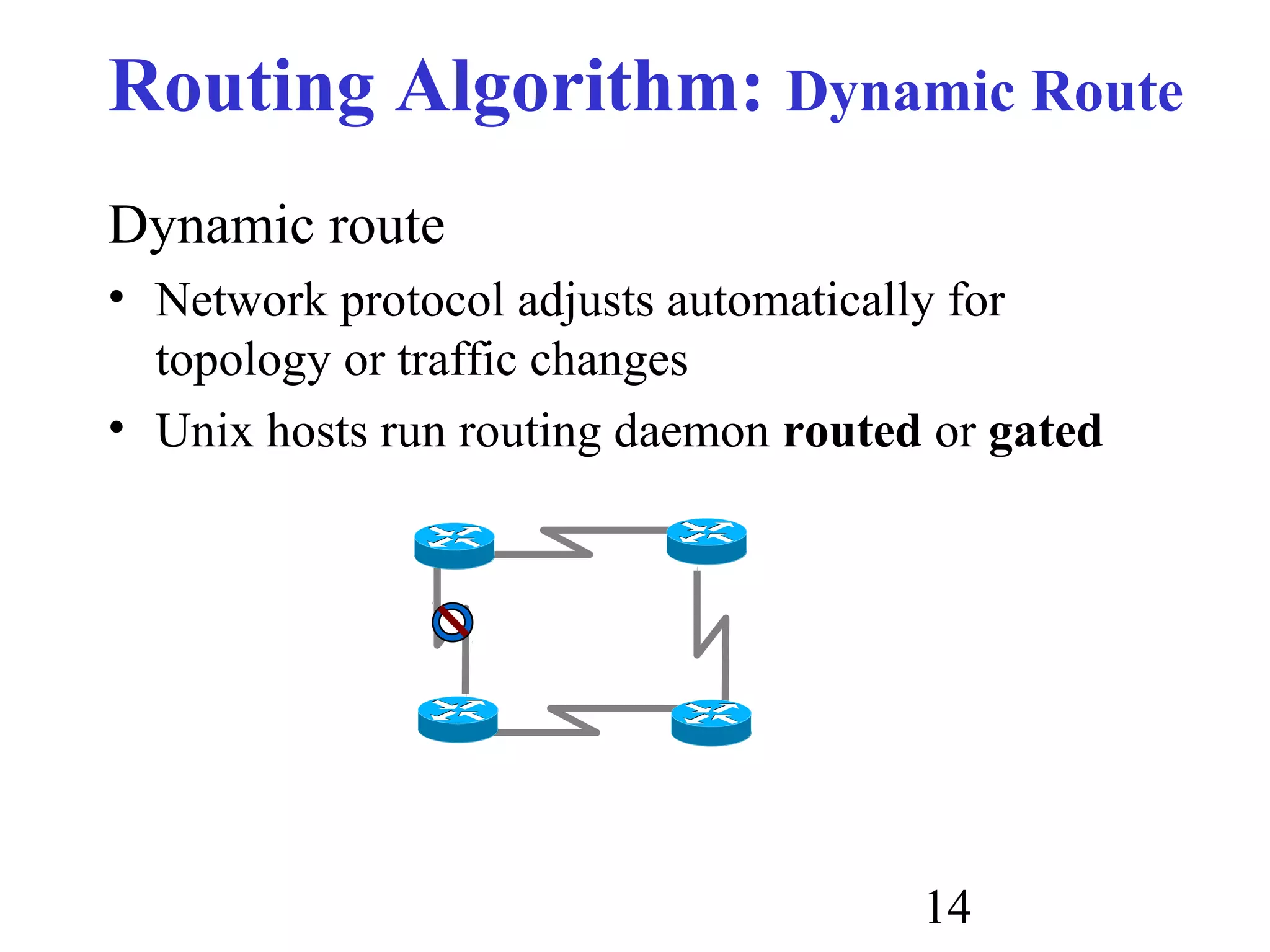14
Routing Algorithm: Dynamic Route
Dynamic route
• Network protocol adjusts automatically for
topology or traffic changes
• Unix hosts run routing daemon routed or gated
 