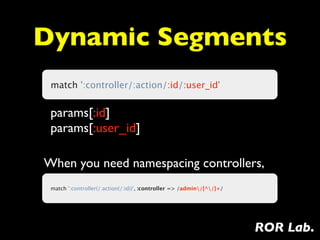 Dynamic Segments
 match ':controller/:action/:id/:user_id'


 params[:id]
 params[:user_id]

When you need namespacing controllers,
 match ':controller(/:action(/:id))', :controller => /admin/[^/]+/




                                                                       ROR Lab.
 