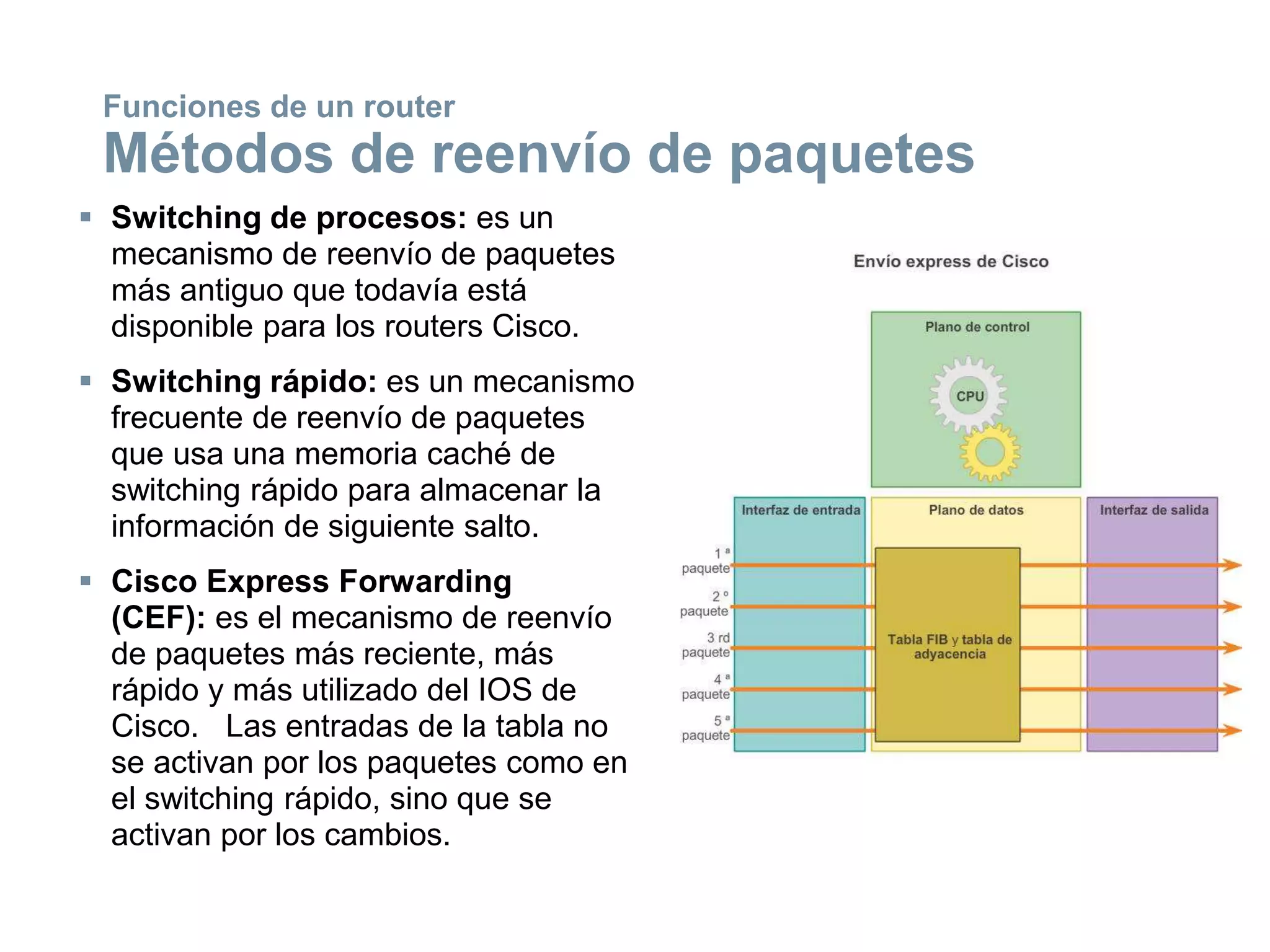  Switching de procesos: es un
mecanismo de reenvío de paquetes
más antiguo que todavía está
disponible para los routers Cisco.
 Switching rápido: es un mecanismo
frecuente de reenvío de paquetes
que usa una memoria caché de
switching rápido para almacenar la
información de siguiente salto.
 Cisco Express Forwarding
(CEF): es el mecanismo de reenvío
de paquetes más reciente, más
rápido y más utilizado del IOS de
Cisco. Las entradas de la tabla no
se activan por los paquetes como en
el switching rápido, sino que se
activan por los cambios.
Funciones de un router
Métodos de reenvío de paquetes
 