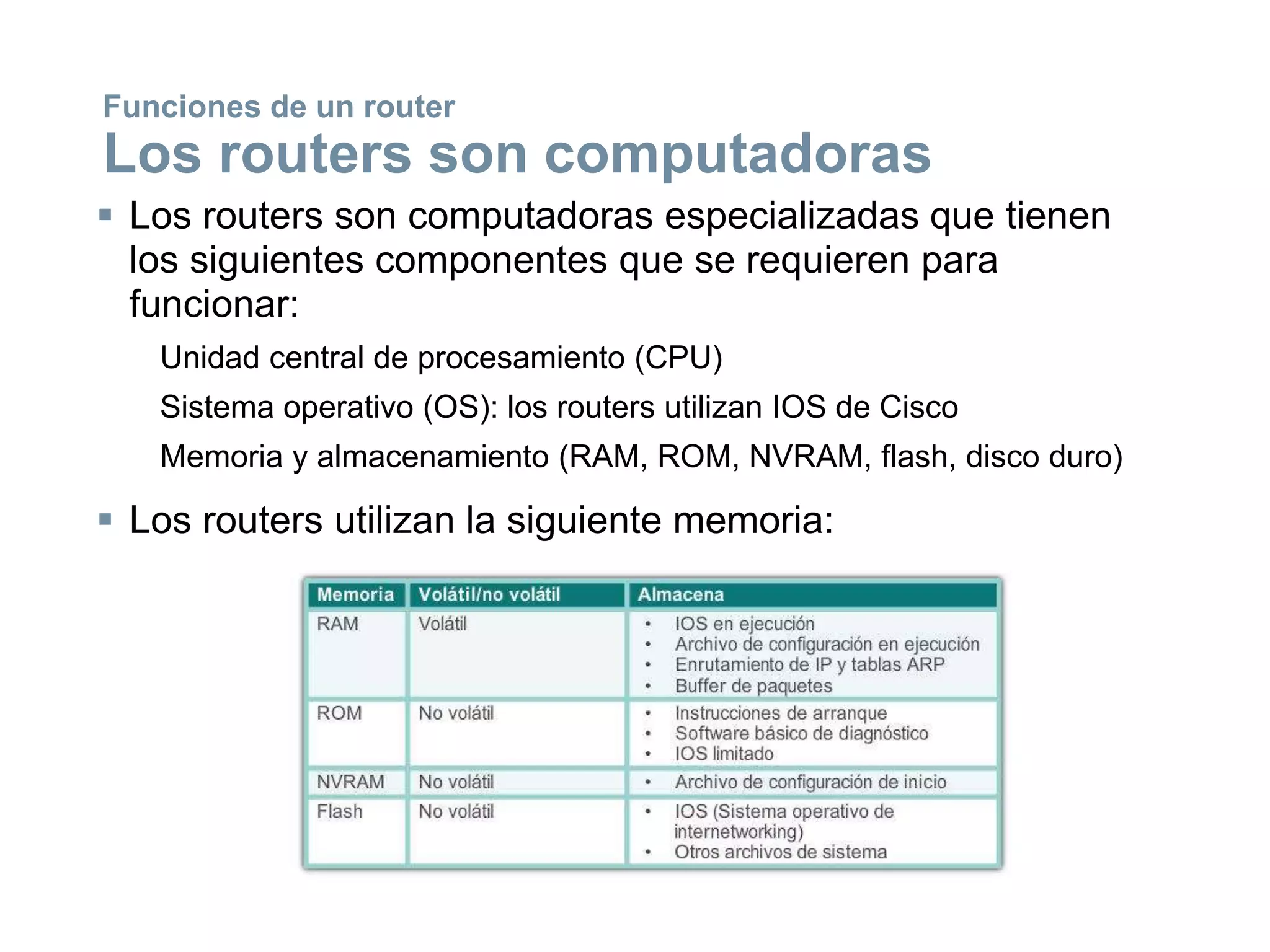  Los routers son computadoras especializadas que tienen
los siguientes componentes que se requieren para
funcionar:
Unidad central de procesamiento (CPU)
Sistema operativo (OS): los routers utilizan IOS de Cisco
Memoria y almacenamiento (RAM, ROM, NVRAM, flash, disco duro)
 Los routers utilizan la siguiente memoria:
Funciones de un router
Los routers son computadoras
 