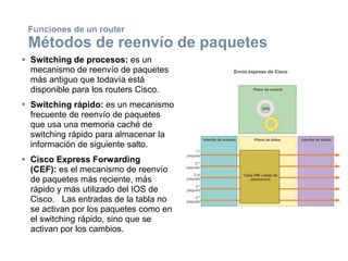  Switching de procesos: es un
mecanismo de reenvío de paquetes
más antiguo que todavía está
disponible para los routers Cisco.
 Switching rápido: es un mecanismo
frecuente de reenvío de paquetes
que usa una memoria caché de
switching rápido para almacenar la
información de siguiente salto.
 Cisco Express Forwarding
(CEF): es el mecanismo de reenvío
de paquetes más reciente, más
rápido y más utilizado del IOS de
Cisco. Las entradas de la tabla no
se activan por los paquetes como en
el switching rápido, sino que se
activan por los cambios.
Funciones de un router
Métodos de reenvío de paquetes
 