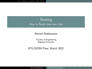 Intro Routing Crosstalk ECO DFM
Routing
How to Route your own chip
Ahmed Abdelazeem
Faculty of Engineering
Zagazig University
RTL2GDSII Flow, March 2022
Ahmed Abdelazeem ASIC Physical Design
 