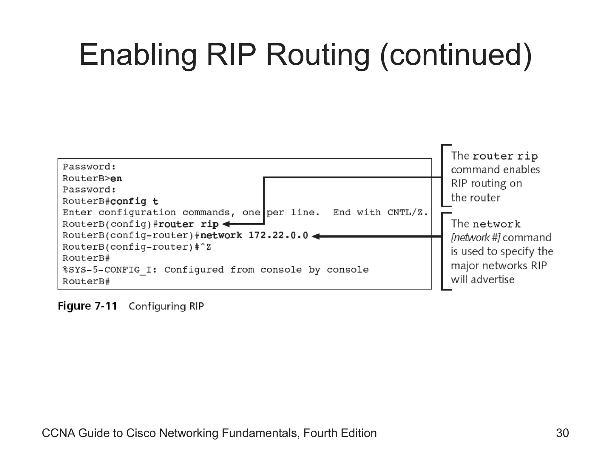 CCNA Guide to Cisco Networking Fundamentals, Fourth Edition 30 Enabling RIP Routing (continued) 