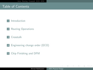 Intro Routing Crosstalk ECO DFM
Table of Contents
1 Introduction
2 Routing Operations
3 Crosstalk
4 Engineering change order (ECO)
5 Chip Finishing and DFM
Ahmed Abdelazeem ASIC Physical Design
 