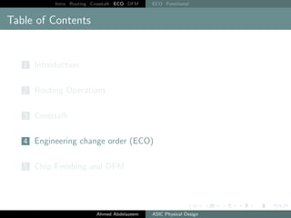 Intro Routing Crosstalk ECO DFM ECO Functional
Table of Contents
1 Introduction
2 Routing Operations
3 Crosstalk
4 Engineering change order (ECO)
5 Chip Finishing and DFM
Ahmed Abdelazeem ASIC Physical Design
 