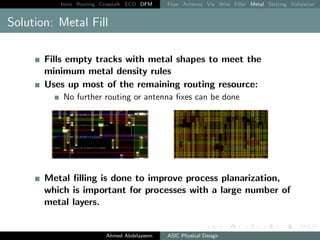 Intro Routing Crosstalk ECO DFM Flow Antenna Via Wire Filler Metal Slotting Validation
Solution: Metal Fill
Fills empty tracks with metal shapes to meet the
minimum metal density rules
Uses up most of the remaining routing resource:
No further routing or antenna fixes can be done
Metal filling is done to improve process planarization,
which is important for processes with a large number of
metal layers.
Ahmed Abdelazeem ASIC Physical Design
 