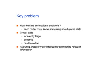 Key problem
■
■ How to make correct local decisions?
How to make correct local decisions?
◆
◆ each router must know
each router must know something
something about global state
■
■ Global state
Global state
◆
◆ inherently large
inherently large
◆
◆ dynamic
dynamic
◆
◆ hard to collect
hard to collect
■
■ A routing protocol must intelligently summarize relevant
A routing protocol must intelligently summarize relevant
information
information
 