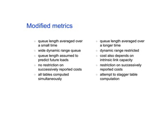 Modified metrics
◆
◆ queue length averaged over
queue length averaged over
a small time
a small time
◆
◆ wide dynamic range queue
wide dynamic range queue
◆
◆ queue length assumed to
queue length assumed to
predict future loads
predict future loads
◆
◆ no restriction on
no restriction on
successively reported costs
successively reported costs
◆
◆ all tables computed
all tables computed
simultaneously
simultaneously
◆
◆ queue length averaged over
queue length averaged over
a longer time
a longer time
◆
◆ dynamic range restricted
dynamic range restricted
◆
◆ cost also depends on
cost also depends on
intrinsic link capacity
intrinsic link capacity
◆
◆ restriction on successively
restriction on successively
reported costs
reported costs
◆
◆ attempt to stagger table
attempt to stagger table
computation
computation
 