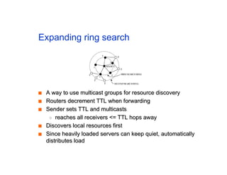 Expanding ring search
■
■ A way to use multicast groups for resource discovery
A way to use multicast groups for resource discovery
■
■ Routers decrement TTL when forwarding
Routers decrement TTL when forwarding
■
■ Sender sets TTL and multicasts
Sender sets TTL and multicasts
◆
◆ reaches all receivers <= TTL hops away
reaches all receivers <= TTL hops away
■
■ Discovers local resources first
Discovers local resources first
■
■ Since heavily loaded servers can keep quiet, automatically
Since heavily loaded servers can keep quiet, automatically
distributes load
distributes load
 