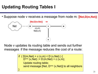 21
Updating Routing Tables I
c(v,m)
Net(v,m)
n
v w
m
Net
[Net,D(m,Net)]
• Suppose node v receives a message from node m: [Net,D(m,Net)]
if ( D(m,Net) + c (v,m) < D (v,Net) ) {
Dnew
(v,Net) := D (m,Net) + c (v,m);
Update routing table;
send message [Net, Dnew
(v,Net)] to all neighbors
}
Node v updates its routing table and sends out further
messages if the message reduces the cost of a route:
 