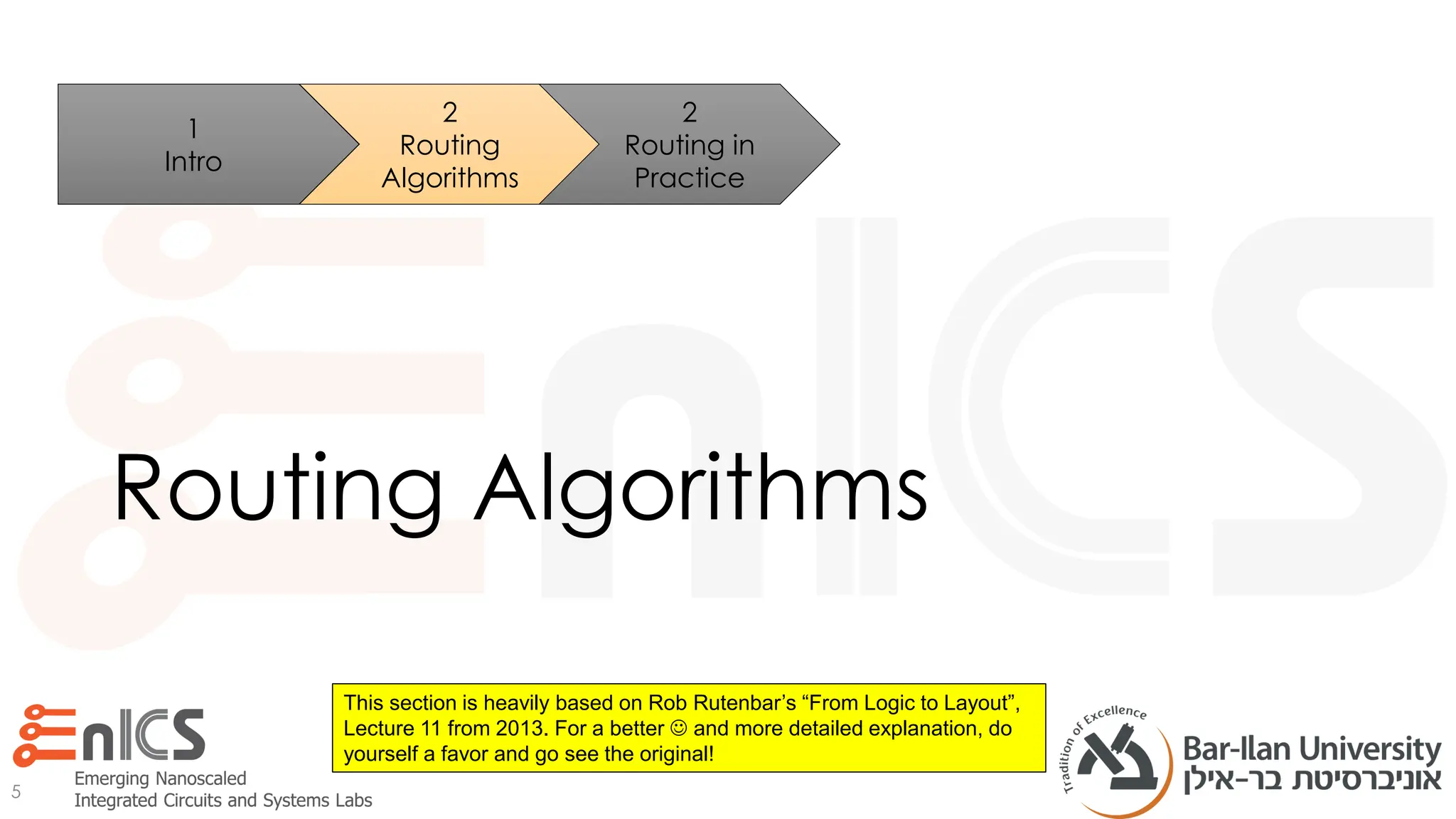 Routing Algorithms
5
1
Intro
2
Routing
Algorithms
This section is heavily based on Rob Rutenbar’s “From Logic to Layout”,
Lecture 11 from 2013. For a better ☺ and more detailed explanation, do
yourself a favor and go see the original!
2
Routing in
Practice
 