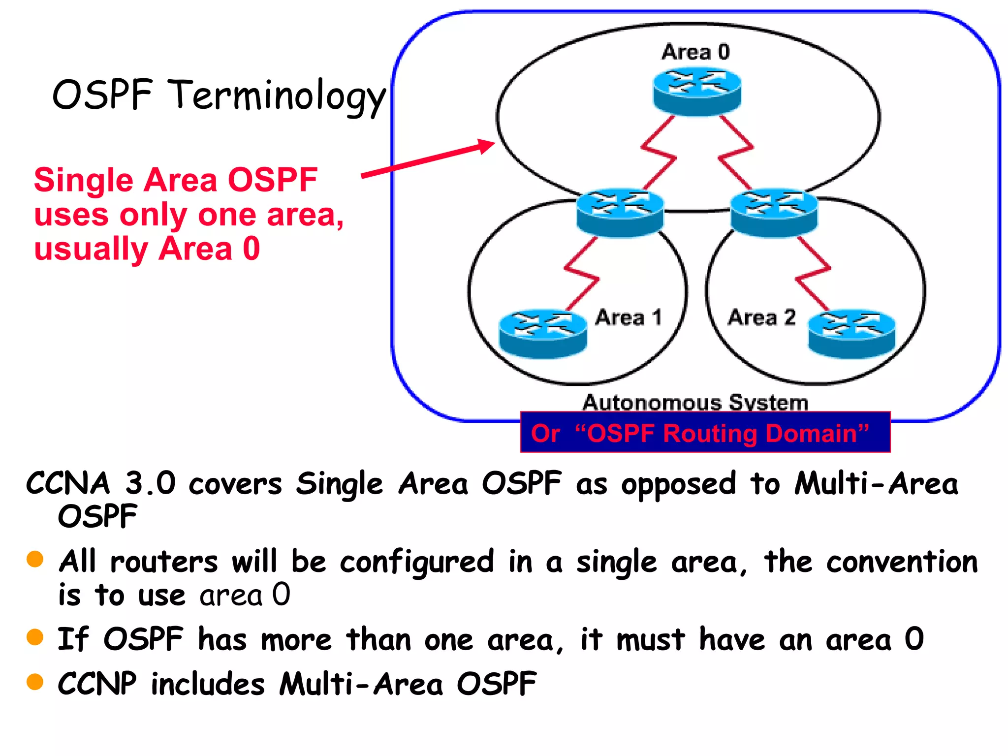 OSPF Terminology CCNA 3.0 covers Single Area OSPF as opposed to Multi-Area OSPF All routers will be configured in a single area, the convention is to use  area 0 If OSPF has more than one area, it must have an area 0 CCNP includes Multi-Area OSPF Or  “OSPF Routing Domain” Single Area OSPF uses only one area, usually Area 0 