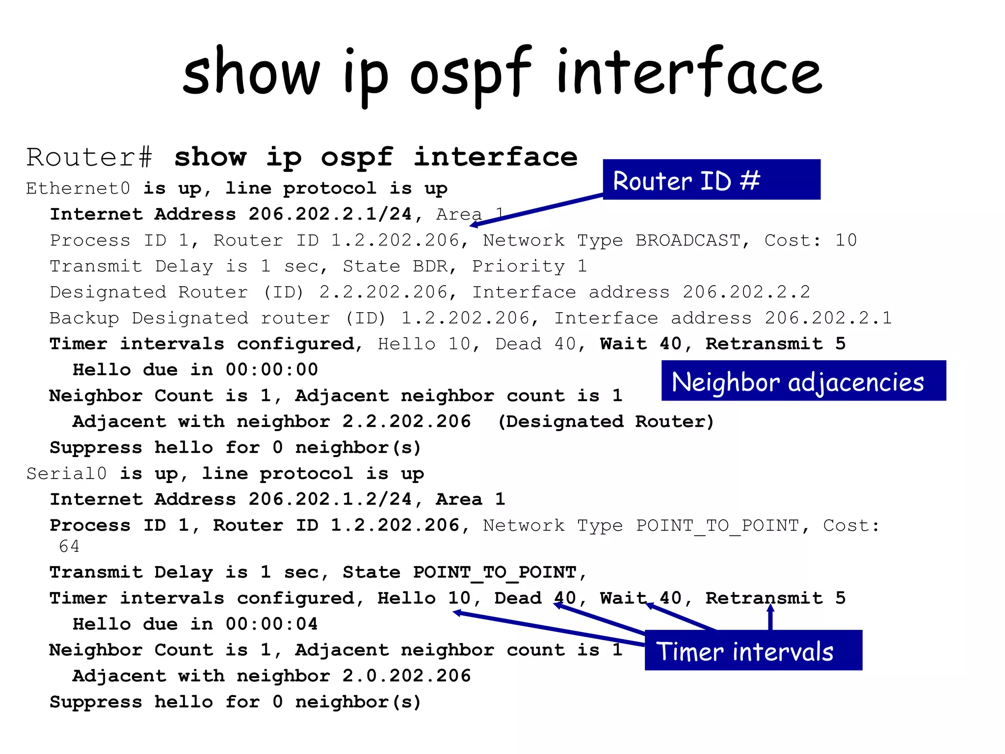 show ip ospf interface Router#  show ip ospf interface Ethernet0  is up, line protocol is up Internet Address 206.202.2.1/24,  Area 1 Process ID 1, Router ID 1.2.202.206, Network Type BROADCAST, Cost: 10 Transmit Delay is 1 sec, State BDR, Priority 1 Designated Router (ID) 2.2.202.206, Interface address 206.202.2.2 Backup Designated router (ID) 1.2.202.206, Interface address 206.202.2.1 Timer intervals   configured , Hello 10, Dead 40,  Wait 40, Retransmit 5 Hello due in 00:00:00 Neighbor Count is 1, Adjacent neighbor count is 1 Adjacent with neighbor 2.2.202.206  (Designated Router) Suppress hello for 0 neighbor(s) Serial0  is up, line protocol is up Internet Address 206.202.1.2/24, Area 1 Process ID 1, Router ID 1.2.202.206,  Network Type POINT_TO_POINT ,  Cost: 64 Transmit Delay is 1 sec, State POINT_TO_POINT, Timer intervals configured, Hello 10, Dead 40, Wait 40, Retransmit 5 Hello due in 00:00:04 Neighbor Count is 1, Adjacent neighbor count is 1 Adjacent with neighbor 2.0.202.206 Suppress hello for 0 neighbor(s) Timer intervals Router ID # Neighbor adjacencies 