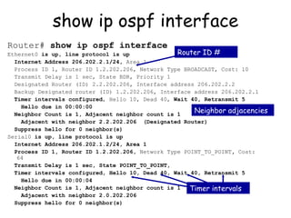 show ip ospf interface Router#  show ip ospf interface Ethernet0  is up, line protocol is up Internet Address 206.202.2.1/24,  Area 1 Process ID 1, Router ID 1.2.202.206, Network Type BROADCAST, Cost: 10 Transmit Delay is 1 sec, State BDR, Priority 1 Designated Router (ID) 2.2.202.206, Interface address 206.202.2.2 Backup Designated router (ID) 1.2.202.206, Interface address 206.202.2.1 Timer intervals   configured , Hello 10, Dead 40,  Wait 40, Retransmit 5 Hello due in 00:00:00 Neighbor Count is 1, Adjacent neighbor count is 1 Adjacent with neighbor 2.2.202.206  (Designated Router) Suppress hello for 0 neighbor(s) Serial0  is up, line protocol is up Internet Address 206.202.1.2/24, Area 1 Process ID 1, Router ID 1.2.202.206,  Network Type POINT_TO_POINT ,  Cost: 64 Transmit Delay is 1 sec, State POINT_TO_POINT, Timer intervals configured, Hello 10, Dead 40, Wait 40, Retransmit 5 Hello due in 00:00:04 Neighbor Count is 1, Adjacent neighbor count is 1 Adjacent with neighbor 2.0.202.206 Suppress hello for 0 neighbor(s) Timer intervals Router ID # Neighbor adjacencies 