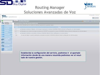 Establecida la configuración del servicio, podremos ir  al apartado  información donde de una manera resumida podremos ver el resul- tado de nuestra gestión. Routing Manager Soluciones Avanzadas de Voz 